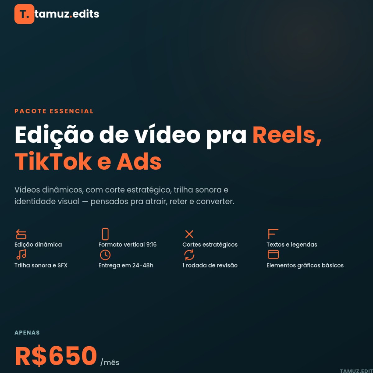 Edição profissional de vídeo para Reels, TikTok e anúncios