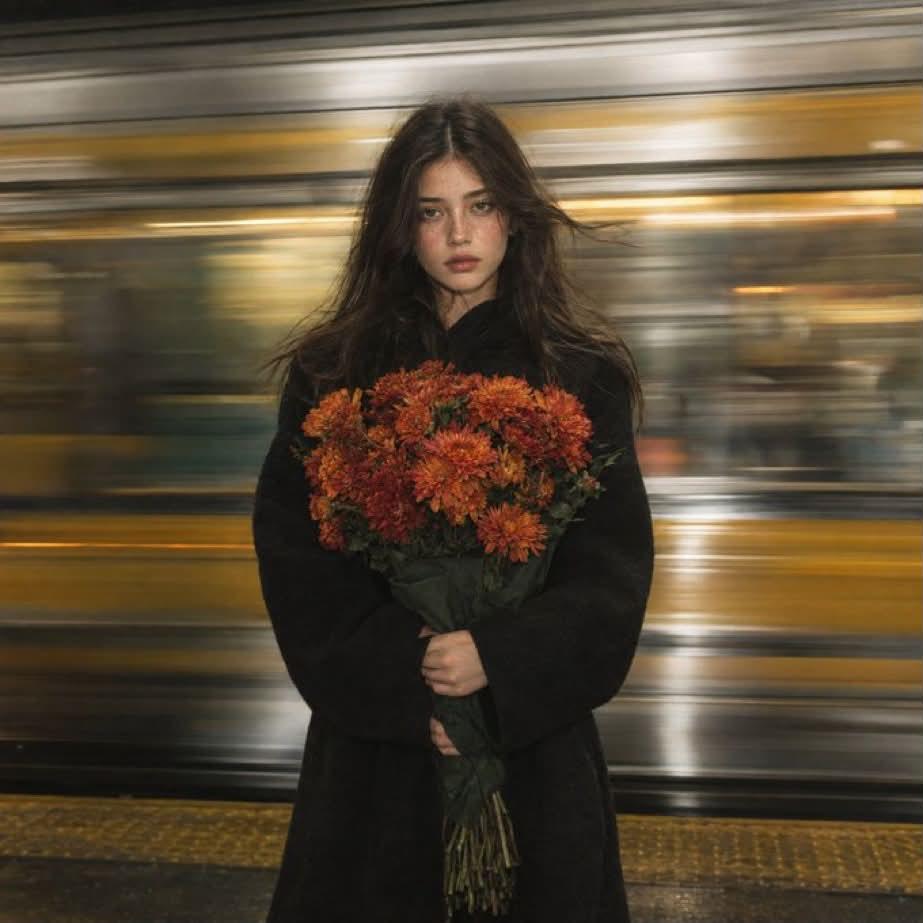 Ela permaneceu imóvel enquanto a cidade inteira passava apressada ao seu redor.

Prompt:

Retrato cinematográfico de rua com longa exposição, mostrando uma jovem parada perfeitamente imóvel diante de um trem de metrô em alta velocidade. Composição quadrada 1:1, enquadramento de três quartos do corpo, da cabeça até as coxas, fotografada na altura dos olhos e de frente para a câmera, centralizada no quadro.

Ela segura contra o peito, com as duas mãos, um grande buquê de crisântemos em tons intensos de laranja e vermelho-fogo, com os caules envolvidos frouxamente em um tecido verde-escuro.
